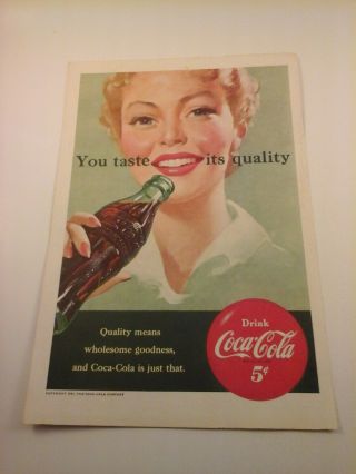 Vtg 1951 Coke Coca - Cola Soda Pop Print Ad - Pretty Girl - Wholesome Goodness