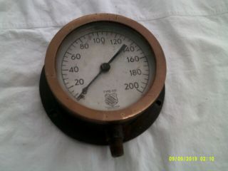 Vtg.  Ashcroft Type 1151 Pressure Gauge - 0/200 Psi Brass Ring - 5 " Face Dial