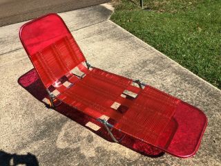 Vtg Folding Steel Chaise Lounge Lawn Beach Chair Vinyl Pvc Tubing Tube Red