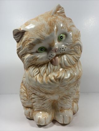 Tan White Ceramic Cat With Tongue Out Coin Piggy Bank With Stopper Vintage