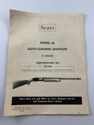 Vintage Sears Model 66 Auto - Loading Shotgun 12 Gauge Instruction Booklet