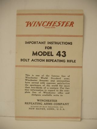 Vintage Winchester Model 43 Bolt Action Repeating Rifle Instructions Booklet