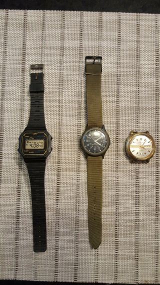 Three Vintage Watches,  Timex Quartz,  Timex Military Look Wind Up And Waltham 17j