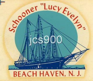 Vintage Schooner Lucy Evelyn Beach Haven Jersey Souvenir Travel Decal 1950s