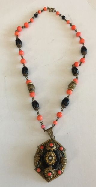 Antique Art Deco Czech Glass Necklace Neiger Bros Coral Black