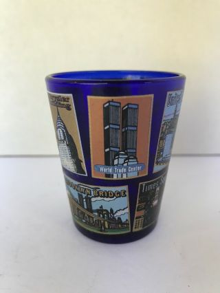 York City Souvenir Shot Glass Cobalt Blue World Trade Center Twin Towers
