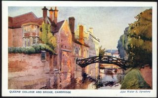 Queens College & Bridge Cambridge.  Vintage Art Postcard By W Spradbery.  Freepost