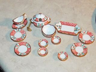Miniature Dollhouse Vintage Reutter Porcelain Dish Set Pink Blue Dinner Table