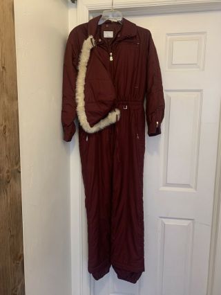 Vintage Bogner Fur Collar Maroon Snow Ski Suit One Piece Snowsuit Sz 8