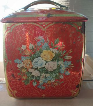 Vtg.  6 " Tall Red Floral Tin Container: West Germany