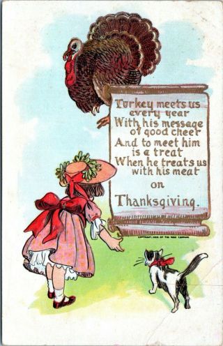 1907 The Rose Company Kitten Turkey Embossed Vintage Thanksgiving Postcard Hv