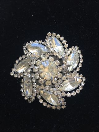 Vintage Prong Set Clear Crystal Rhinestone Flower Brooch Pin