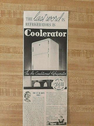 Vintage 1936 Print Ad For Coolerator " Air Conditioned Refrigerator " (ice Box)
