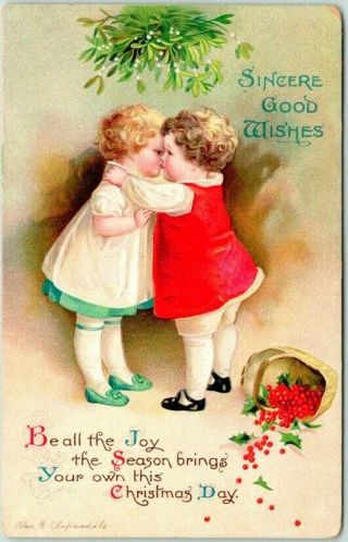 Vintage Artist - Signed Clapsaddle Christmas Postcard Boy Girl Kiss 1914 Cancel
