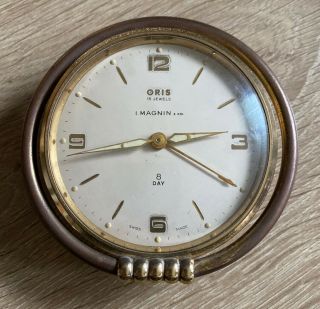 Vintage Brass Oris 15 Jewels Swiss Made Alarm Clock For I Magnin As - Is