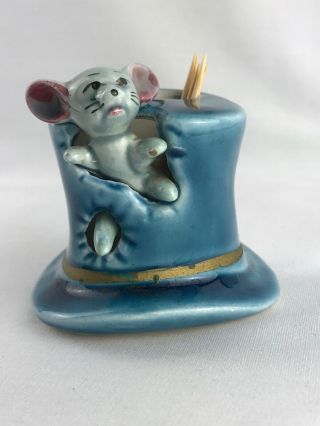 Vintage Gray Mouse In Blue Top - Hat Ceramic Toothpick Holder - Japan 2 - 1/2”h