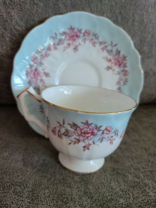 Vintage Ansley Bone China Tea Cup & Saucer Blue Pink White Floral Delicate