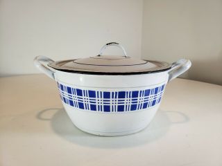 Vintage French Enamelware Two Handled Blue And White Plaid Covered Cassoerole