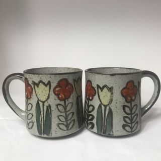Vintage Otagiri Speckled Stoneware Coffee Mugs Mcm Garden Flowers Tulips
