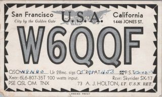 Vintage Qsl Ham Radio Card W6qqf Posted 1938 San Francisco California