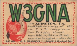 Vintage Qsl Ham Radio Card W3gna Posted 1938 Abington Pa.