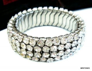 Vintage Expansion Bracelet 4 Rows Crystal Rhinestones Silver Tone 5/8 " Wide