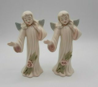 Set Of 2 Vintage Cybis Porcelain Angels With Pink Roses Figurines