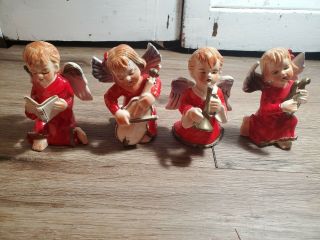 Vtg Set Of 4 Ceramic Angels Choir Red Gowns Japan