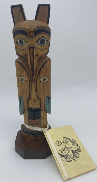 Alaska Black Diamond Carving Totem Pole Signed by Artist Tag Attached Raven 2