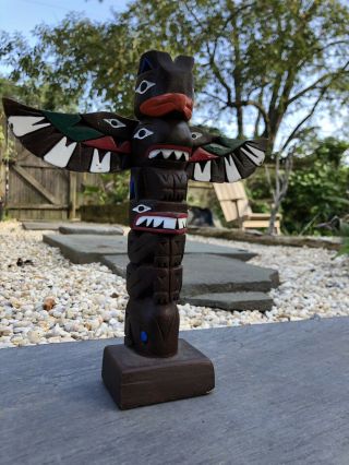 Vintage Totem Statue Authentic Alaska Craft Wood Carved With Wings 8 1/4” Tall