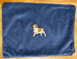 Vintage Ralph Lauren Blue Corduroy Pillow With Embroidered Dog Spaniel EUC 2