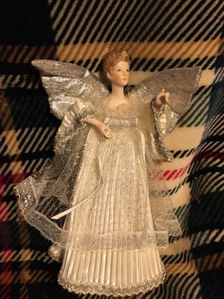 12” Frilly Vintage Porcelain Treetop Angel Fairy Silver Wings