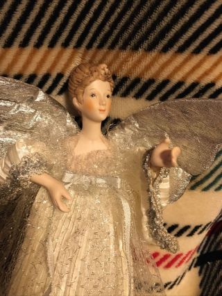 12” FRILLY VINTAGE PORCELAIN TREETOP ANGEL FAIRY SILVER WINGS 2
