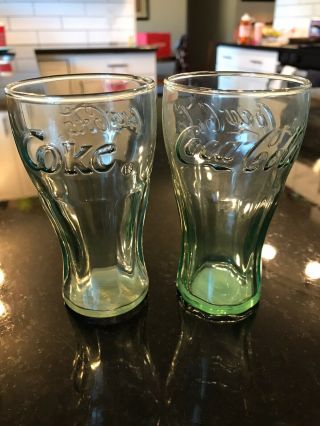 2 Mini Coca Cola Coke Vintage Glasses 4 3/8 " Green Tinted 6 Oz