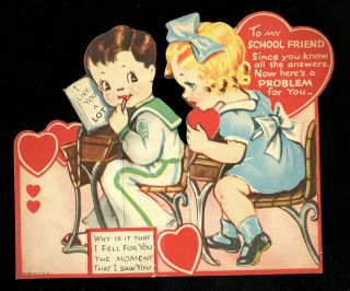 Vintage Valentines Day Card School Children In The Classroom At Their Desks