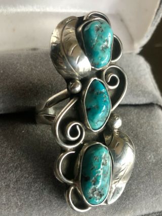 Fine Vintage Navajo Indian Signed Hj Sterling Silver & Turquoise Ring Size 6.  5