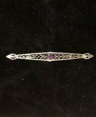 Vintage 14k White Gold Filigree Bar Pin With Amethyst Stone Weights 3.  4g 3 "