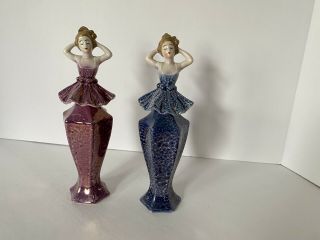 2 Vintage Art Deco Bavaria Figural Lady Perfume Bottles Blue And Pink
