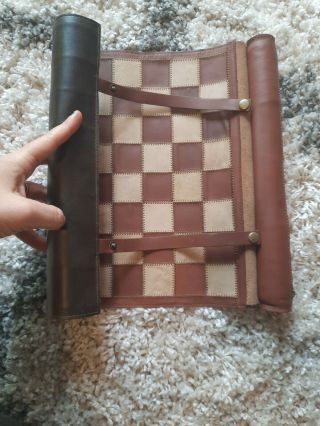 Vintage Roll Up Leather Chess / Checker Board With Player Piece Storage 13 X 13