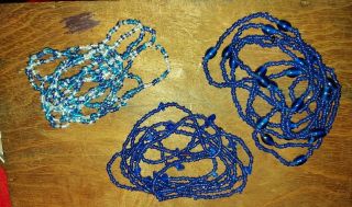 Vintage Art Deco Style 3 Blue Glass Bead Necklaces 120cm Flapper