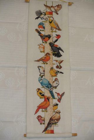Vintage Cotton Cross Stitch Bird Bell Pull Wall Hanging Birds On Feeder