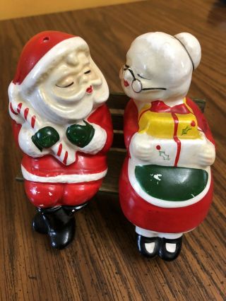 Vintage Christmas Salt & Pepper Shakers - Santa And Mrs.  Claus On Bench
