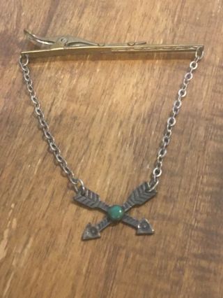 Vintage Sterling Silver Fred Harvey Era Turquoise Crossed Arrows Tie Clip Clasp