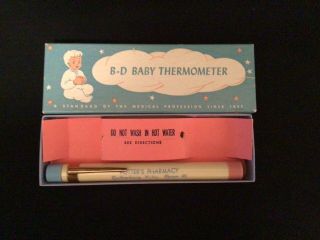Vintage Becton Dickinson Bd Glass Baby Thermometer W/case Ty315 With Advertising