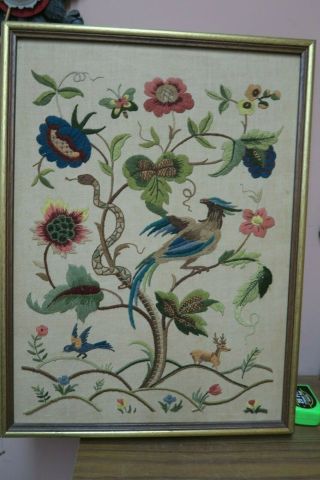Vintage Jacobean Needlework Embroidery 19 " X 26 " - 21 " X 28 " Framed Bird Deer