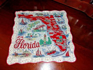 Vintage Florida State Map Scalloped Edges Hankie Handkerchief Pre - Disney 50 