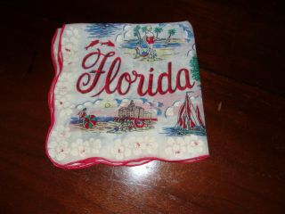 Vintage FLORIDA STATE MAP Scalloped Edges Hankie HANDKERCHIEF Pre - Disney 50 ' 3