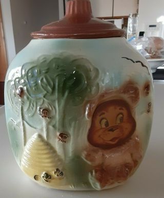 Vintage Corner Bear And Bee Hive Cookie Jar With Hollogram Usa 804