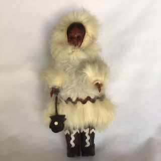 Vintage Carlson Inuit Eskimo Doll 8 " Real Fur Leather Pants