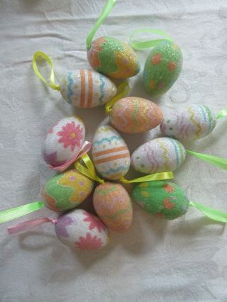 Vintage Plastic Beaded Easter Egg Ornaments Set Of 12 Spring Pastel Colors